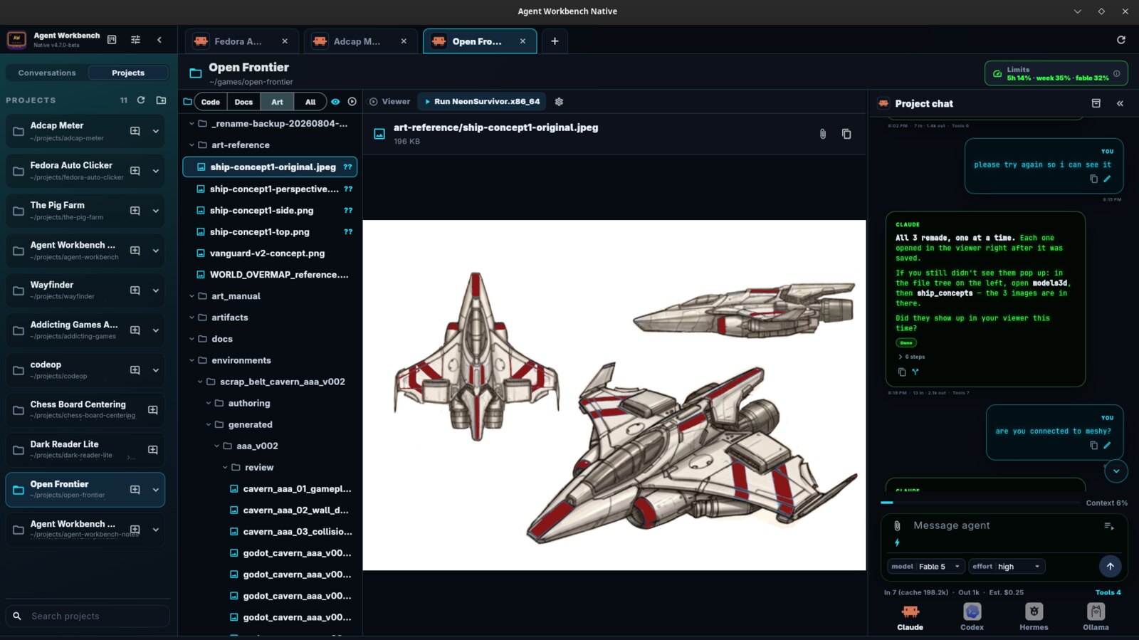 Agent Workbench Native with a project open: file tree on the left, concept art in the viewer, the agent's chat on the right.