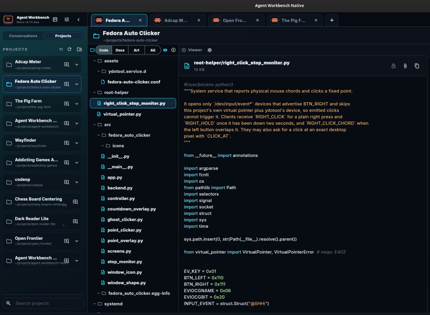 Agent Workbench Native showing a Python file open in the code viewer.