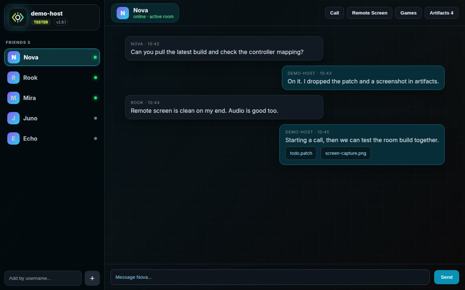 CodeOp: a friends list on the left and a chat thread with shared build files on the right.