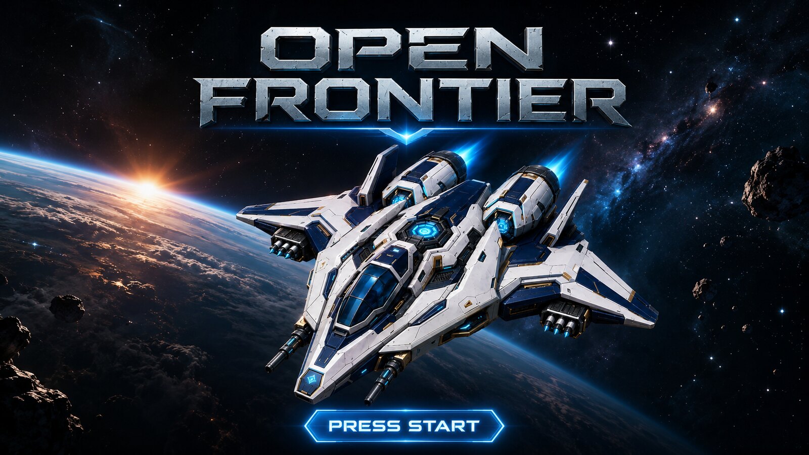 Open Frontier title screen: a blue and white starfighter above a planet.